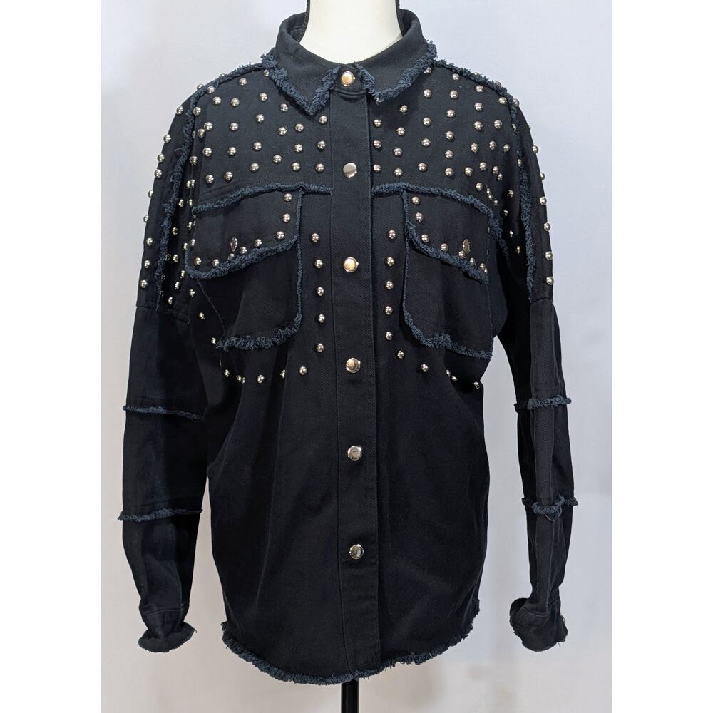 Fantastic Fawn Black Studded Oversized Shirt Jacket Fringe Trim Size S‎